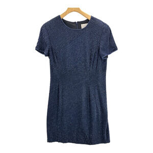 Bieff Basix Womens Sheath Dress Blue Jewel Neck Short Sleeve Beads 100% Silk 14